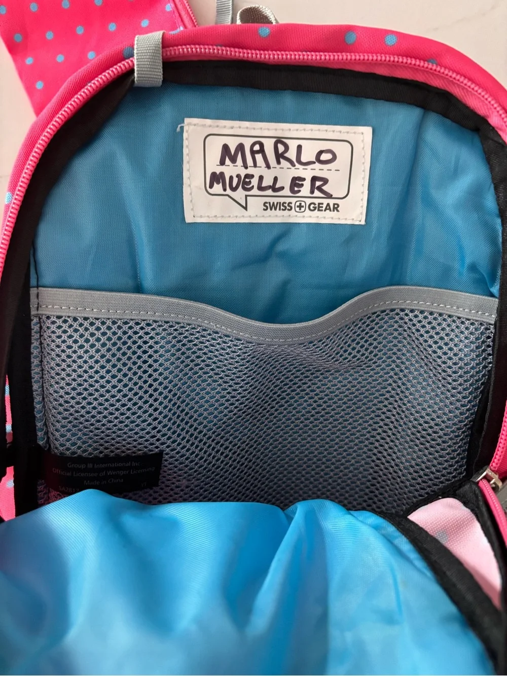 SwissGear Hot Pink Polka Dot Kids Backpack with Teal Pom